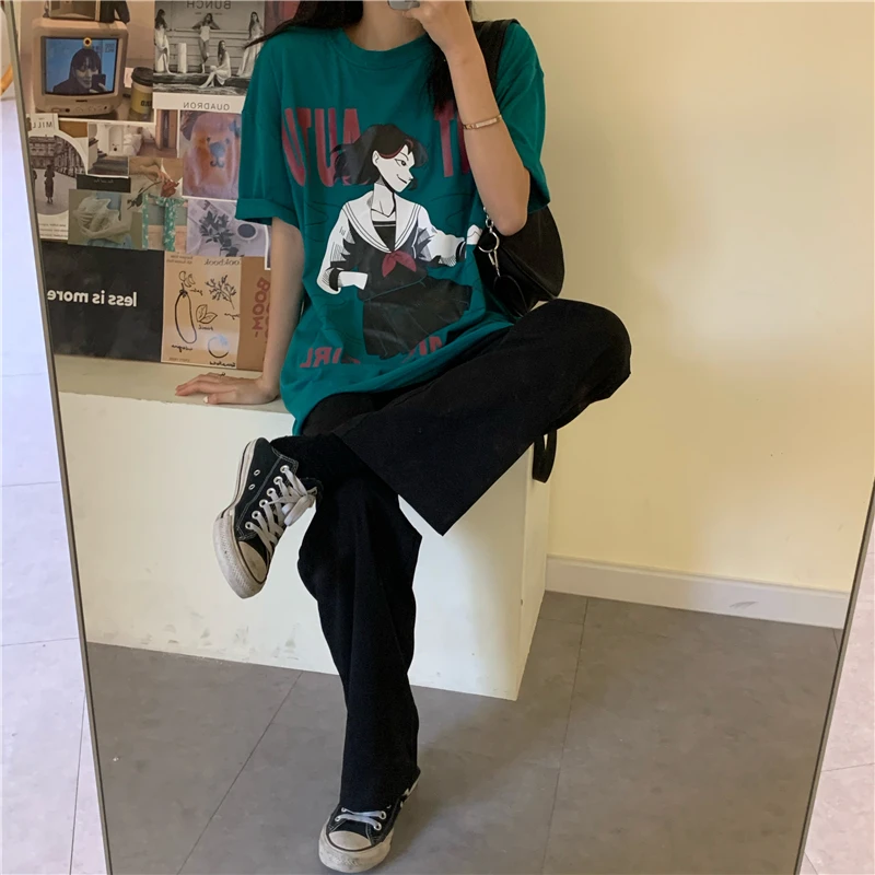 

Summer 2021 New Retro Japanese Loose Mid-Length Cartoon Print BF Style All-Matching Short Sleeve T-shirt Top Women