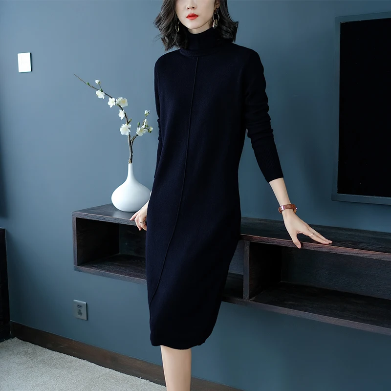 Длинное платье свитер новинка 2020 женское модное вязаное шерстяное с высоким
