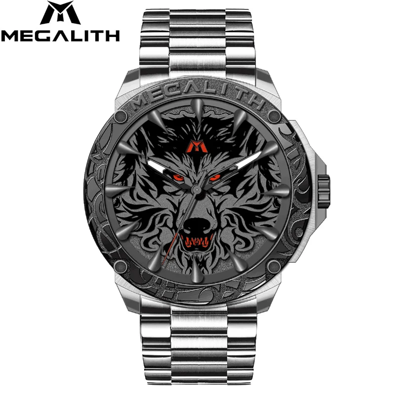 steel sliver black Relogio Masculino,, MEGALITH, спортивные, тисненые, Волчья Голова, кварцевые часы, водонепроницаемые, нержавеющая сталь, Роскошные наручные часы, мужские часы - Цвет: steel sliver black