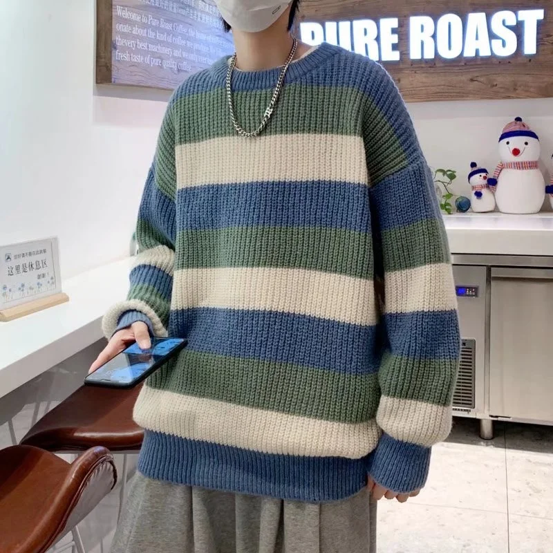 

Autumn Winter Striped Sweater Men Warm Fashion Casual Knitted Pullover Men Loose O-neck Long-sleeved Sweater Mens Jumper Clothes