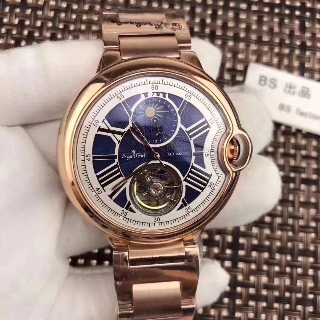 Rose Gold Blue Роскошные брендовые новые автоматические мужские механические часы синий черный кожаный розовое золото прозрачный MoonPhase часы Tourbillion Белый AAA - Цвет: Rose Gold Blue