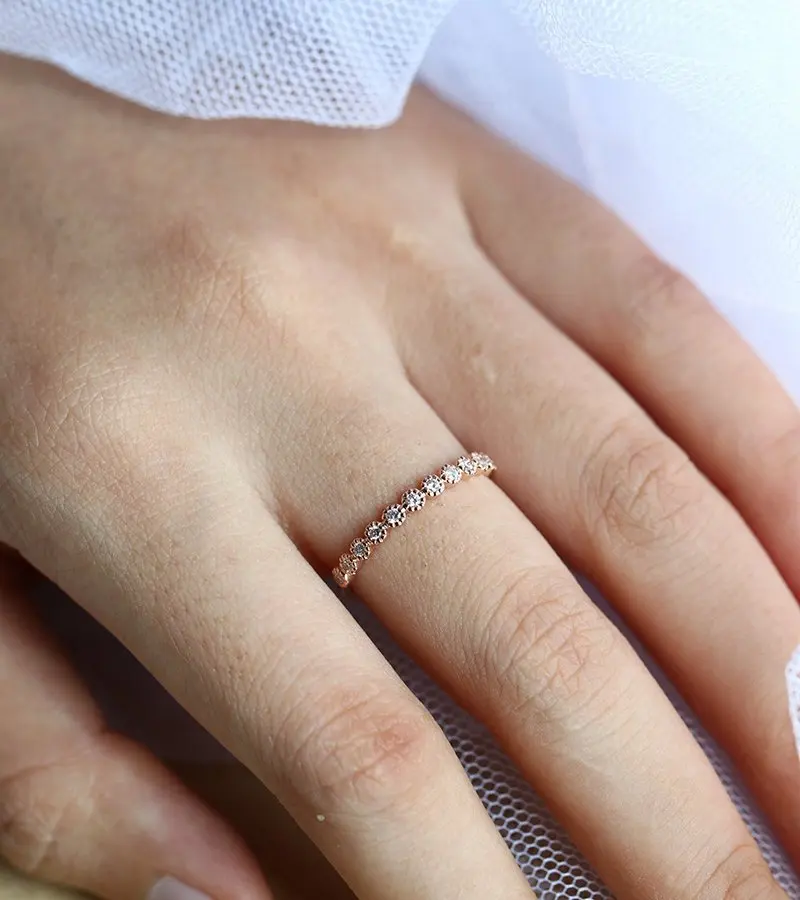 New sleek minimalist single row glossy rose gold filled inlaid zircon ring for women's party CZ anniversary gift jewelry | Украшения и