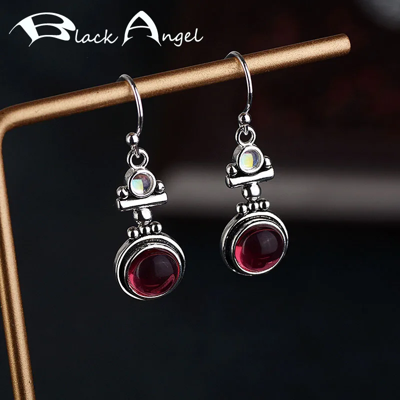 

BLACK ANGEL Vintage Moonstone Drop Earrings for Women Thai Silver 925 Red Agate Gemstone Jewelry Anniversary Gift