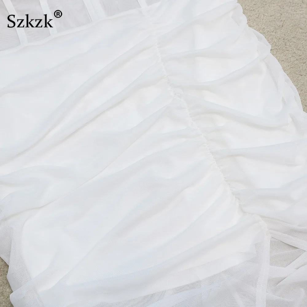 

Szkzk Mesh Sheer Maxi Dress Asymmetrical Slit Off Shoulder Sexy See Though Party Dress For Women Night Club White Bodycon Dress