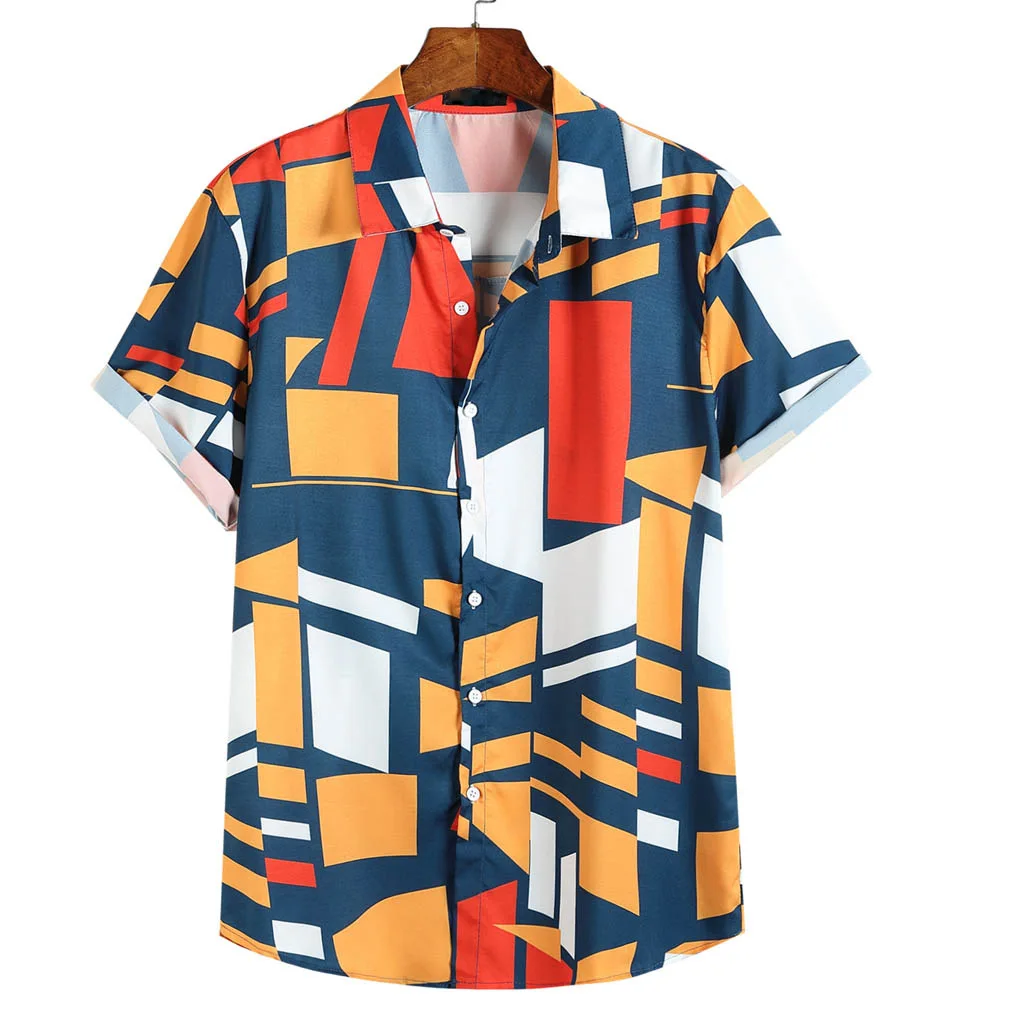 

Men's Printed Short-sleeved Holiday Style Color block Beach Shirt Men's Large Size Loose Beach Top Leviortin Hawaiian Shirts