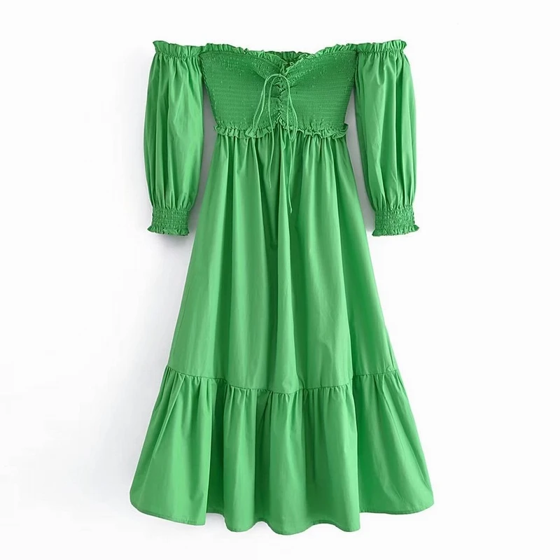 

Strapless Dress Shirred Elastic Bust Ruffles Waist Lace-Up Neck Summer 2022 New Fashion Women Midi Vestidos