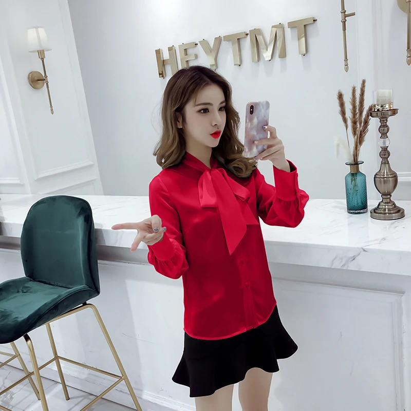 White Shirt Women's Chiffon Office career white shirt Bow Tops Fashion Casual Long Sleeve Women |