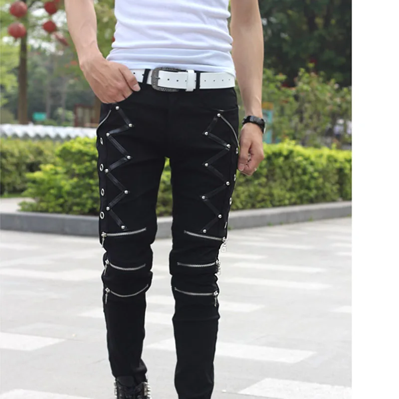 

KIOVNO Fashion Men Punk Rivet Jeans Pants Slim Fit Cotton Denim Trousers For Male Streetwear