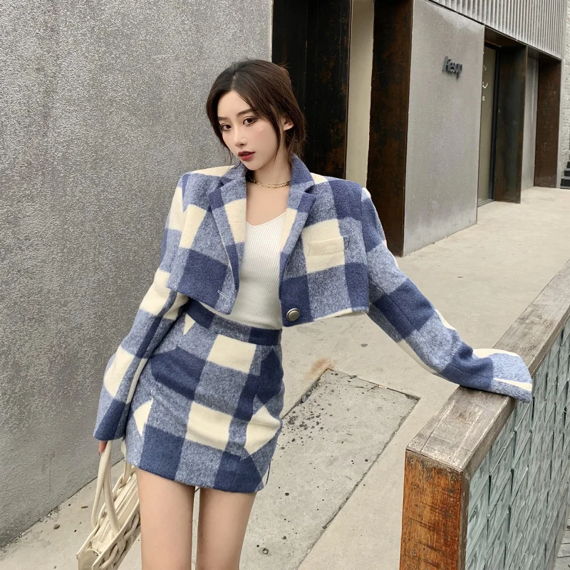 

2021 New Temperament Hong Kong Style Retro Chic Two-piece Skirt Plaid Woolen Skirt Suit Female Spring Season Fashion