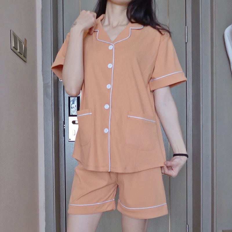 CAIYIER Cotton Pajama Set Women Summer Short Sleeve Shorts Casual Solid Contracted Girl Turn-down Collar Sleepwear Homewear