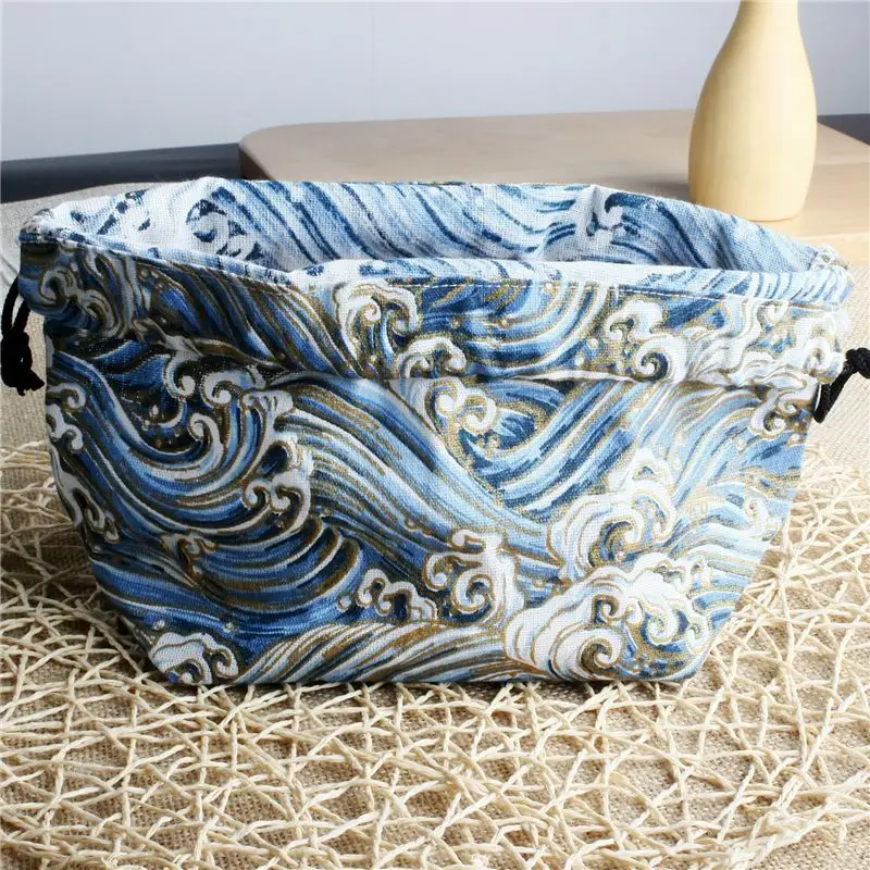 PACGOTH винтажный Японский стиль синяя волна узор холст шнурок Ланч сумка свежесть