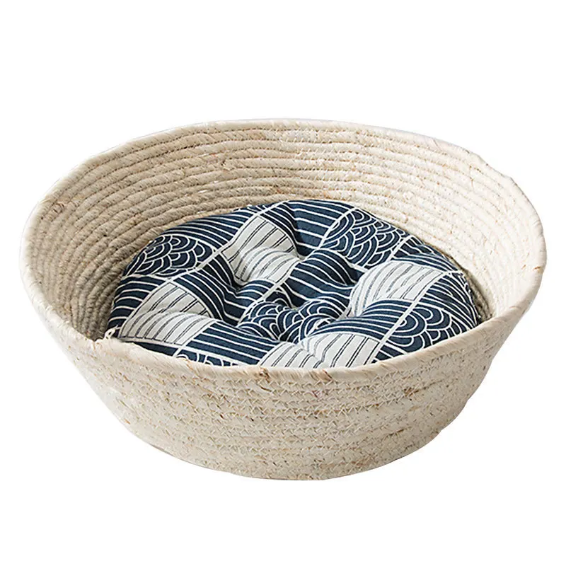 

Simple Japanese-style Round Matching Woven Basket Nest Four Seasons Universal Warm and Comfortable PP Cotton Cat Mat Pet Bed