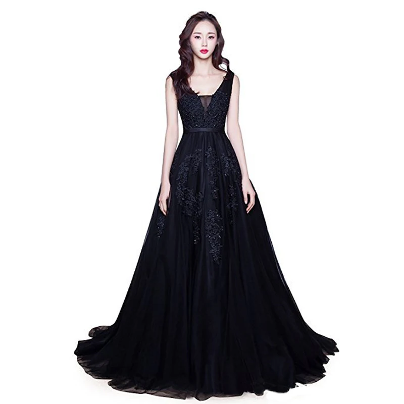 

Новинка, элегантные черные вечерние платья с v-образным вырезом, модное кружевное платье без рукавов с аппликацией со шлейфом, платье трапец...