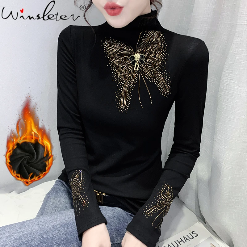 

MadBlack Fall Winter European Clothes Lady Cotton T-Shirt Chic Sexy Shiny Diamonds Tops Long Sleeve With Fleece New Tees T1N210A