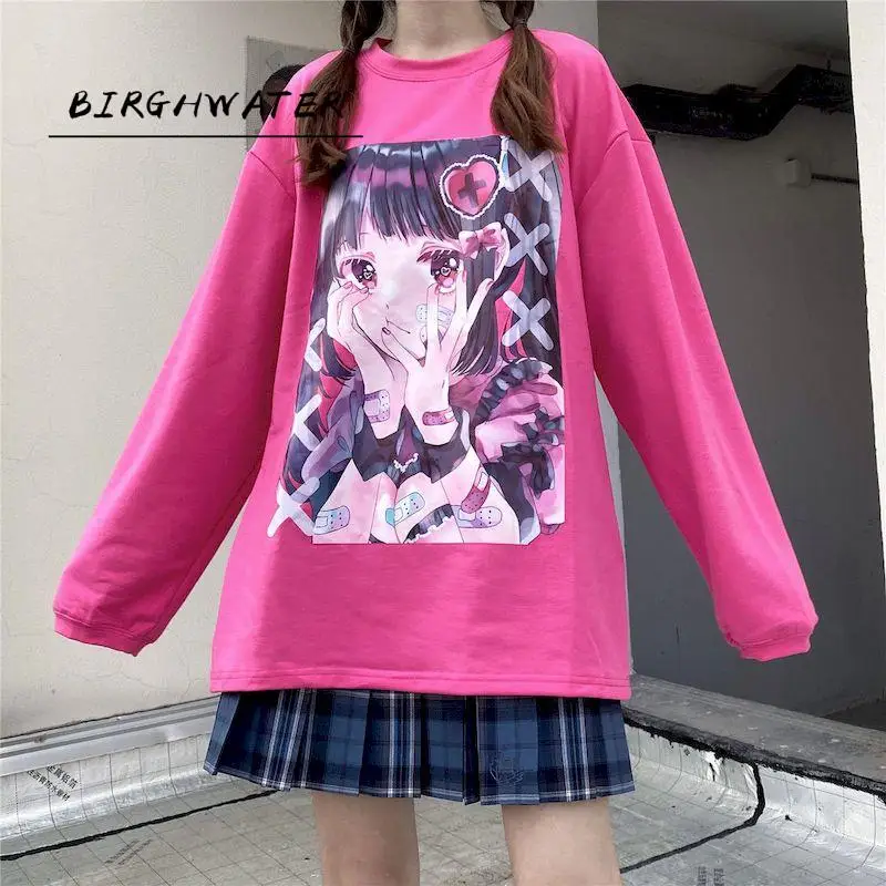 

T-shirt female autumn Japanese Harajuku bf wind cartoon comic girl printing loose long-sleeved T-shirt female student top