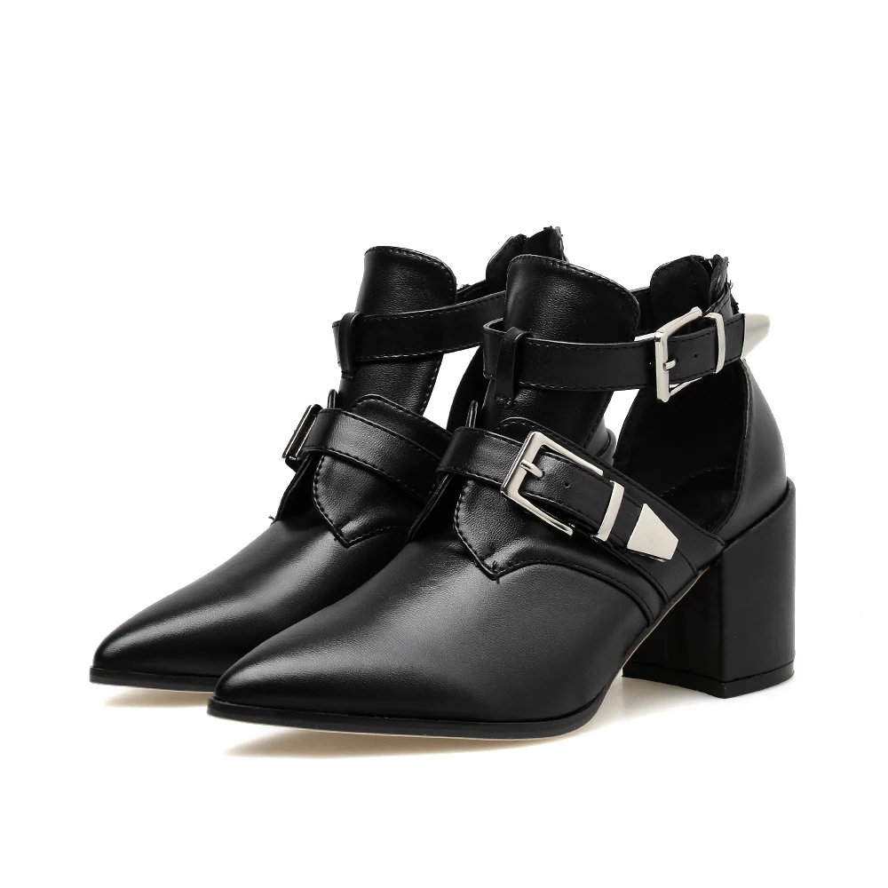 

2020 Fashion Plus Size 35-42 Solid Color Pointed Women Boots Belt Buckle Thick Heels High Heels Boots Women Sexy Western Boots