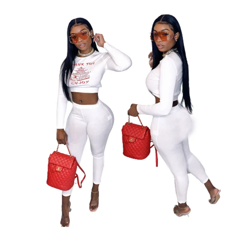 

2021 New Fashion Women 2 Pcs Casual Clothes Suits Round Neck Printed Crop Top High Waist Long Leggings Pant