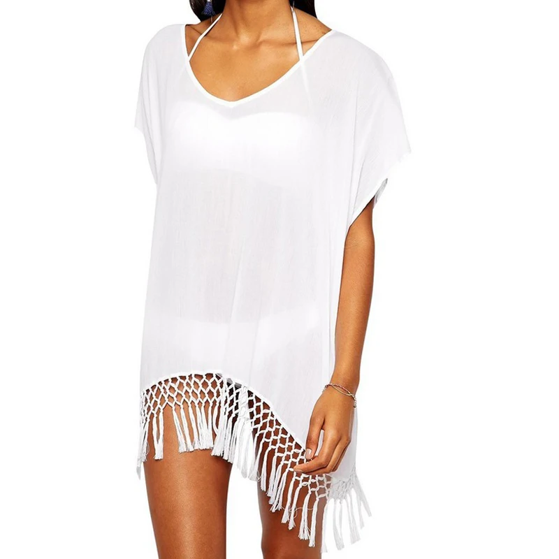 

2021 Sexy Women Chiffon Cover Up Swimwear Beach White Tassel Dress Loose Blouse Swimsuit Bikini Tunic C1924