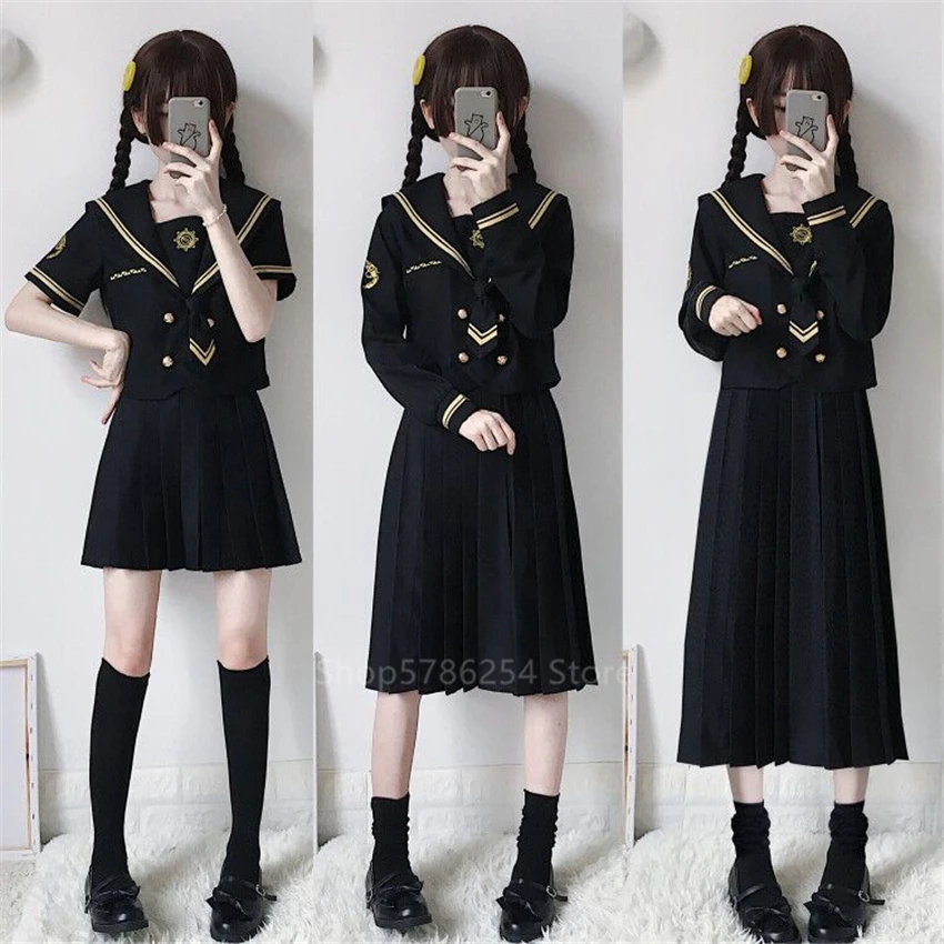 Uniforme escolar japonés, conjunto de falda, camisa de marinero, muñeca de chica mala, traje negro gótico plisado de Color sólido JK, traje de estudiante de secundaria