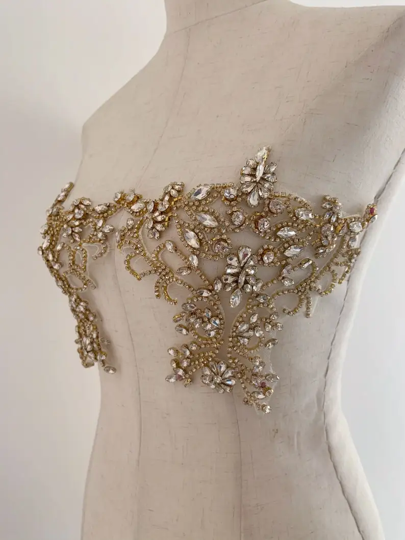 

1 pair Champagne Gold Rhinestone Bead Applique Crystal Bodice Patch Heavy Handmade Bodice Patch For Couture