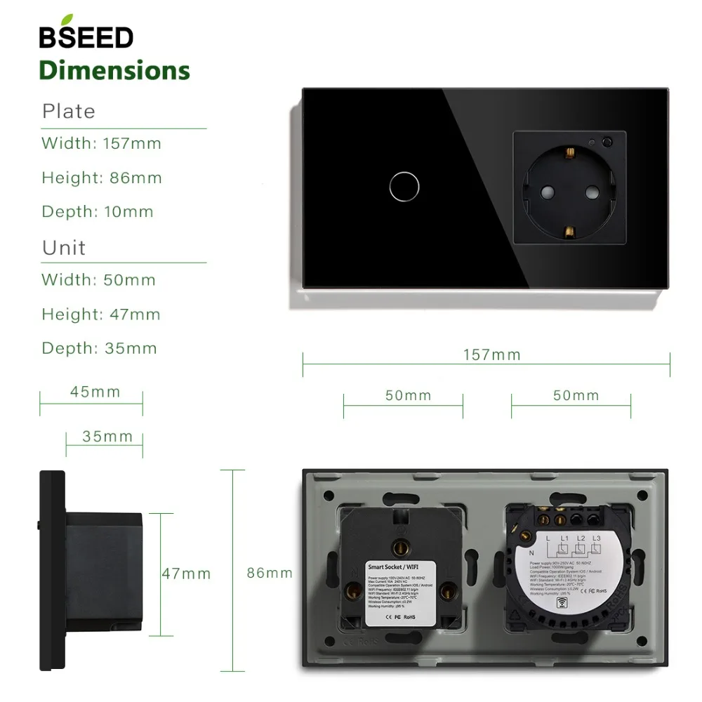 BSEED 16A Wi-Fi сенсорный выключатель 1 комплект ЕС Стандартный ЕС розетка с 3 цвета Кристалл Стекло Панель Умный переключатель