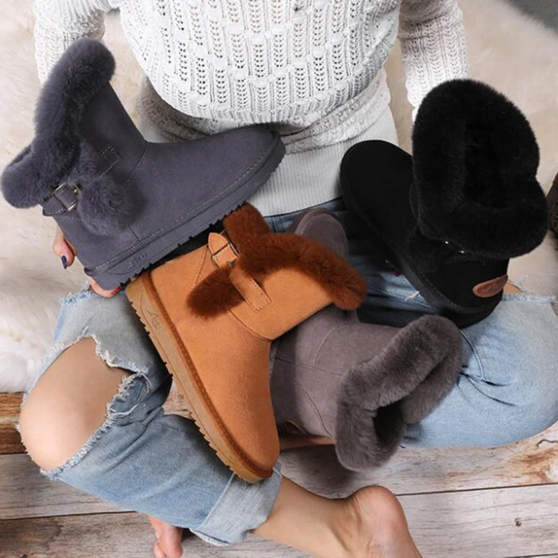 Genuine leather Rabbit fur Snow boots women Non-slip Ankle Boots Winter for Belt buckle Warm Botas Mujer sy846 | Обувь