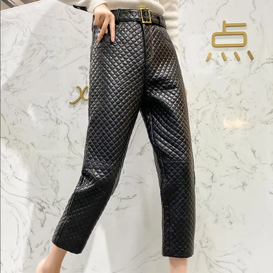 Real leather pants diamond Splicing thicker warm Genuine sheep Leather pants female was thin leather pants with belt F2154