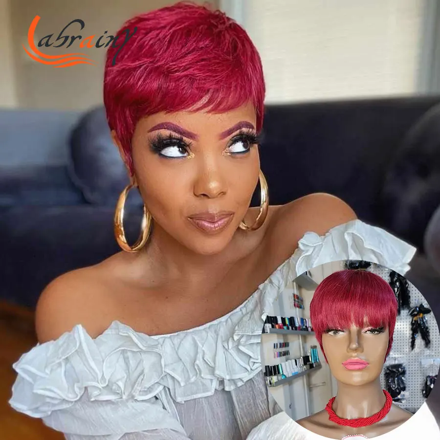 

Burgundy Colored Pixie Cut Bob Wigs Human Hair Full Manchine Made Highlight Honey Blonde 99J Red Wig No Lace For Black Women