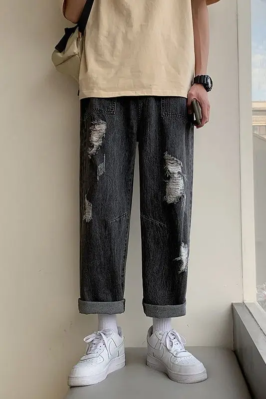 

2021 Pants Summer Baggy Jeans Trend Retro Ins Loose Straight Capris Hole Tidal Current Sport Streetwear The New Listing