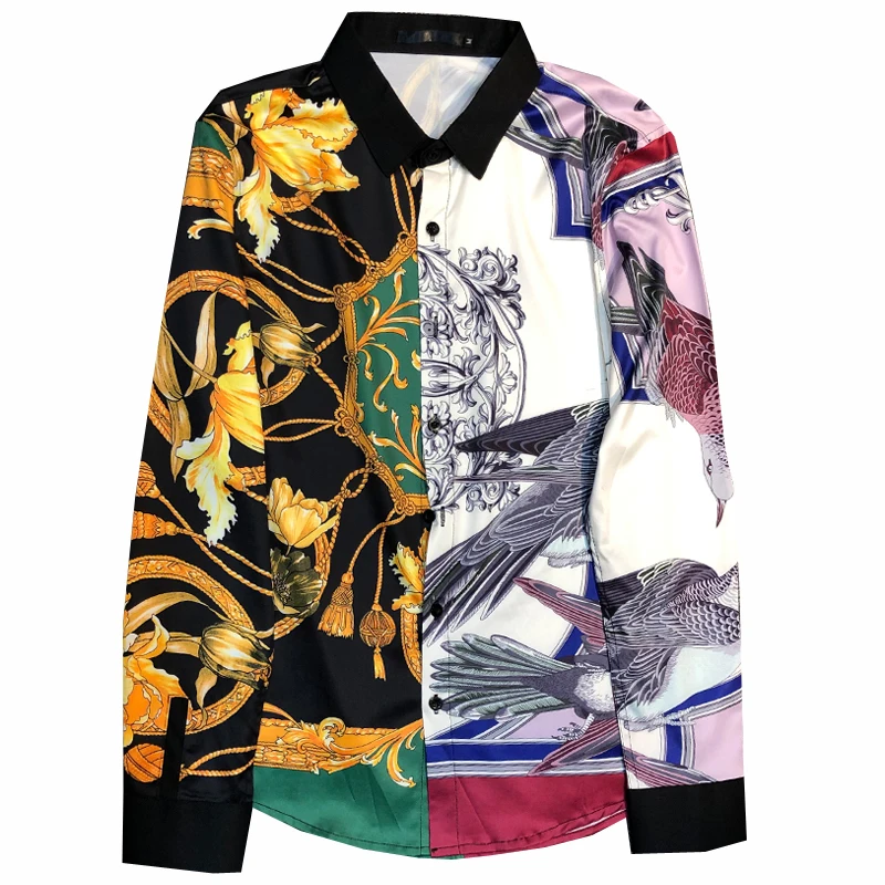 

Shirt 2019 Autumn Men Patchwork Fashion 3D Print Shirts Long Sleeve Casual Slim Fit Streetwear Clothes Camisa Social Masculina
