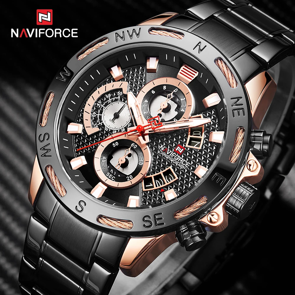 NAVIFORCE мужские часы лучший бренд класса люкс черный стальной ремешок кварцевые часы наручные часы Мужские Многофункциональный хронограф часы 9165