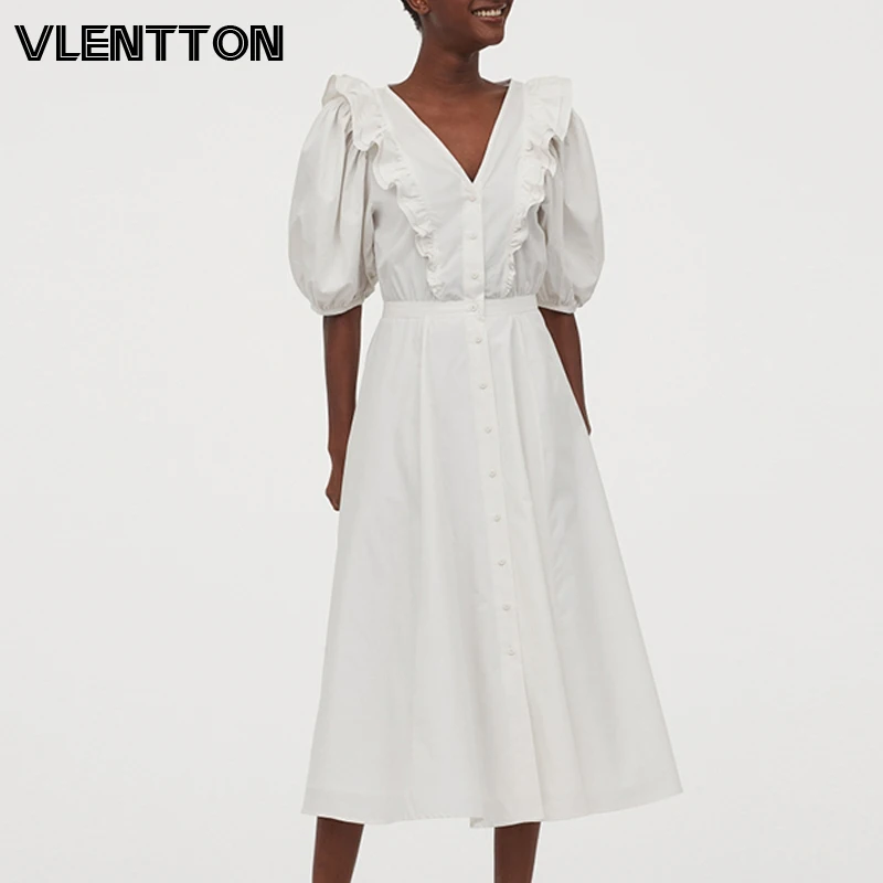 Женское платье миди на пуговицах однотонное белое трапеция с V образным вырезом