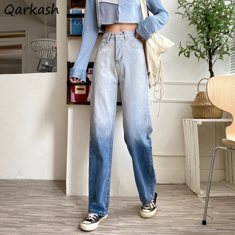 

Jeans Women Harajuku Gradient Color Design Chic Fall Spring Teens Retro Pockets Students High Waist Cozy Loose All-match Simple