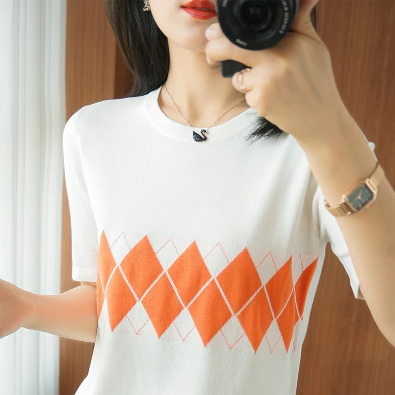 

ATTYYWS Summer new style round neck color-blocking knitted short-sleeved thin 100% cotton T-blood conventional pulloverfashion