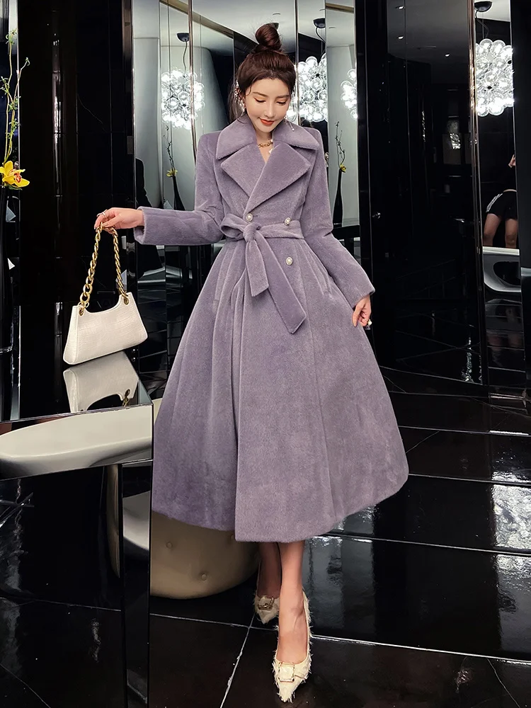 

Woolen coat women's middle and long section 2021 new autumn and winter temperament thickened and thin over the knee closed waist