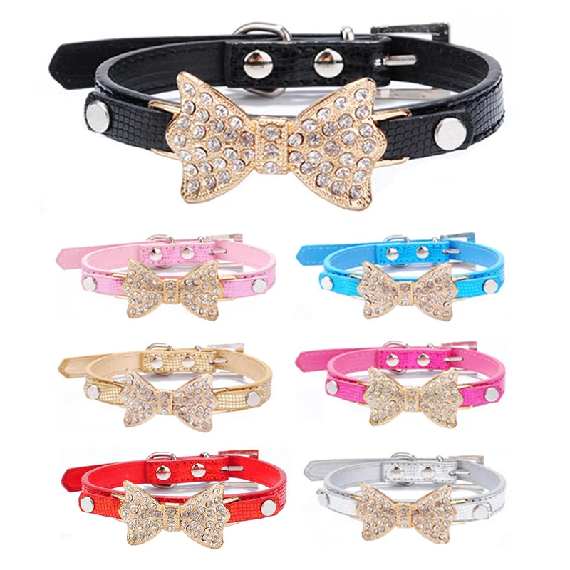 Бантом Собачьи Ошейники со стразами для маленьких собак из искусственной кожи с