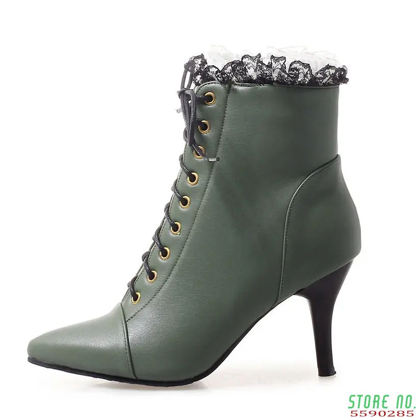 Winter Women Martin Boots 8cm Thin Spike High Heels White Black PU Casual Office Female Pointed Toe Lace Up Stiletto Ankle Boots