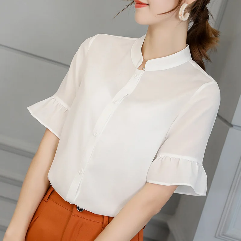 

Shirts Women Summer Fashion Korean Slim Solid Short Flare Sleeve Womens Elegant Chiffon Ladies Single Breasted Leisure Soft Chic