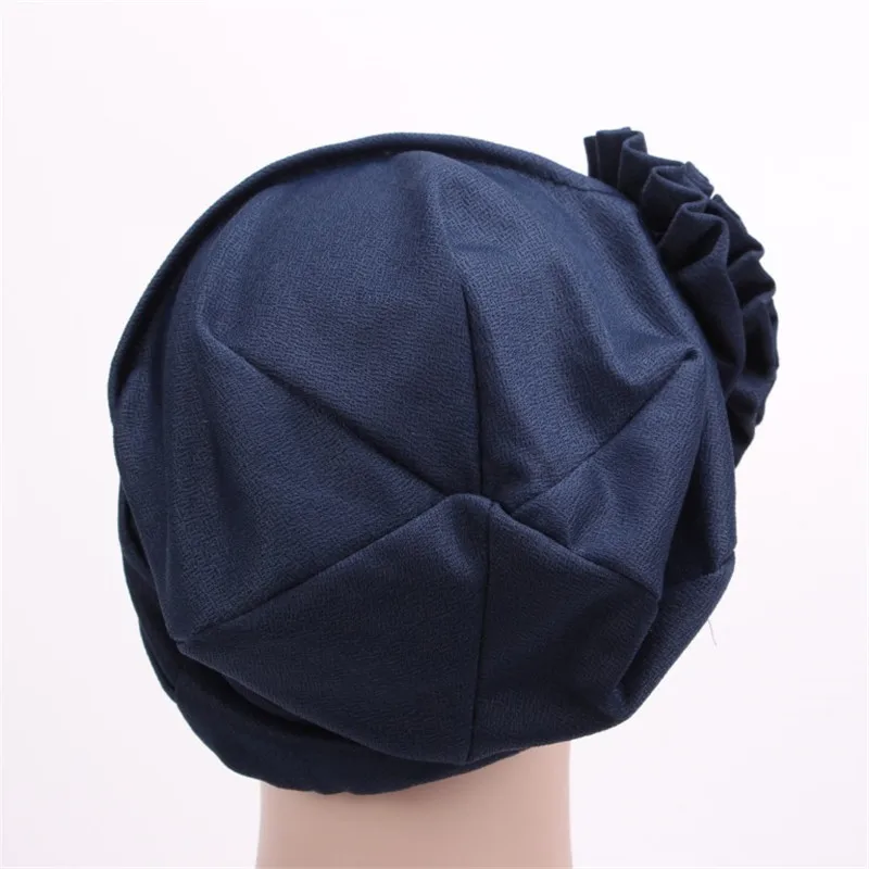 

New Solid Color Big Flower Elastic Headdress Hat Chemo Cap Women Muslim Turban Headwear Hair Accessories