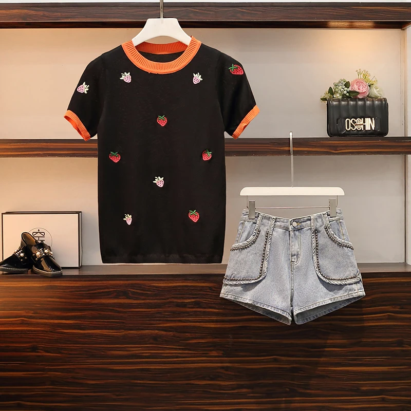 Размера плюс для женщин с вышивкой вязаные топы короткими рукавами тяжелое