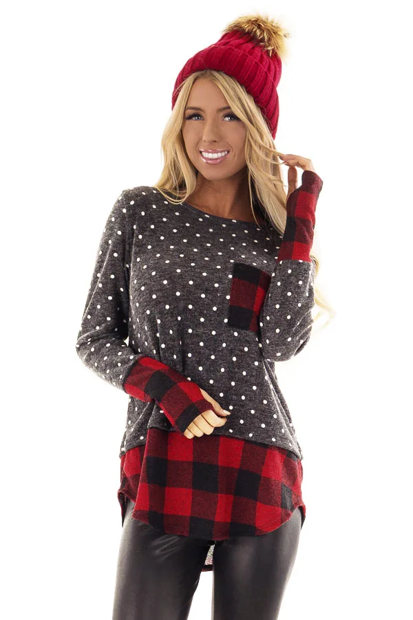 

New women's dot print Plaid long sleeve T-shirt in autumn and winter of 2019