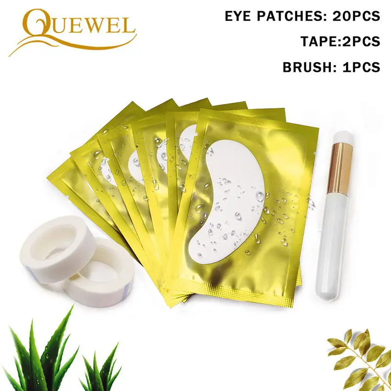 Quewel Eyelash Extension Practice Eye Patches Set Disposable Eye Gel Patch lashes Extension Eye Tape Cleaning Brush Makeup Tool - Цвет: Yellow Patches 20pcs
