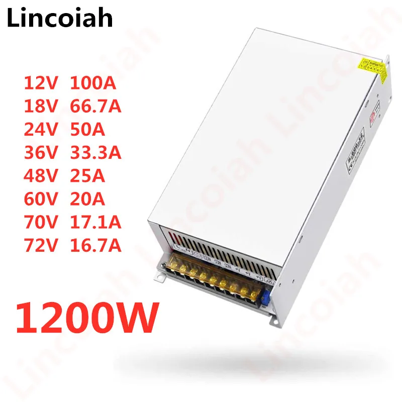 1200W Switching Power Supply DC 12V 18V 24V 36V 48V 60V 70V 72V AC 100-240V SMPS CNC Adjustable Voltage For LED Stirp Motor