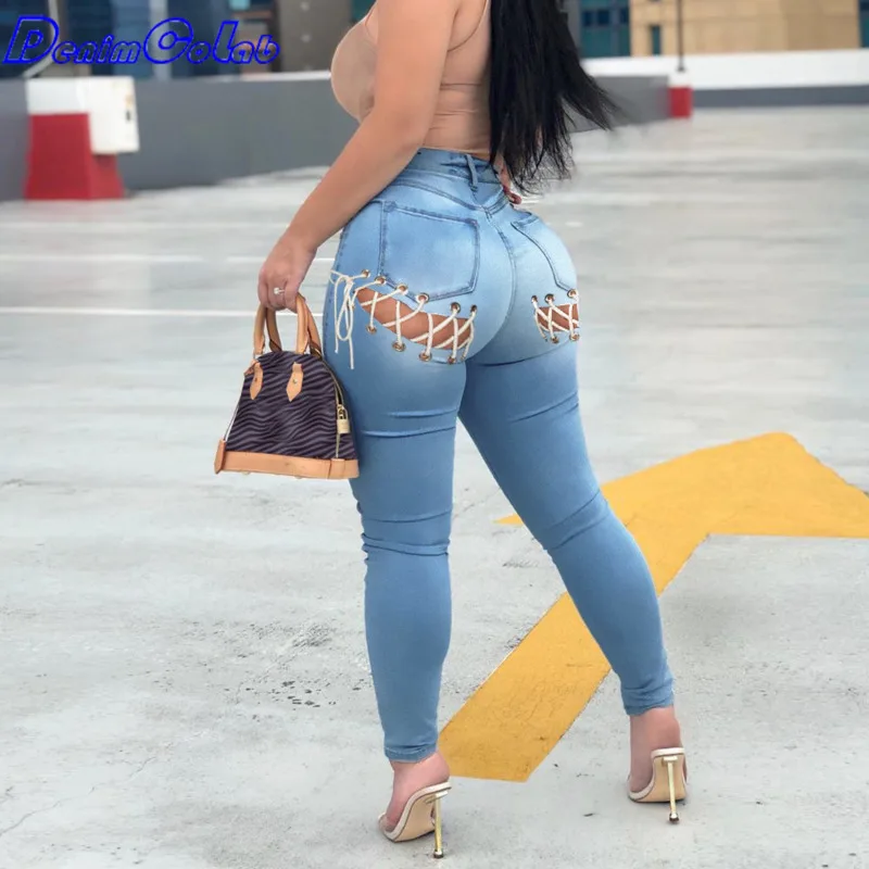 

Denimcolab Fashion Corns Bandage Jeans Pants Women Elastic Hollow Out Pencil Pant Ladies Casual Skinny High Waist Jeans Trousers
