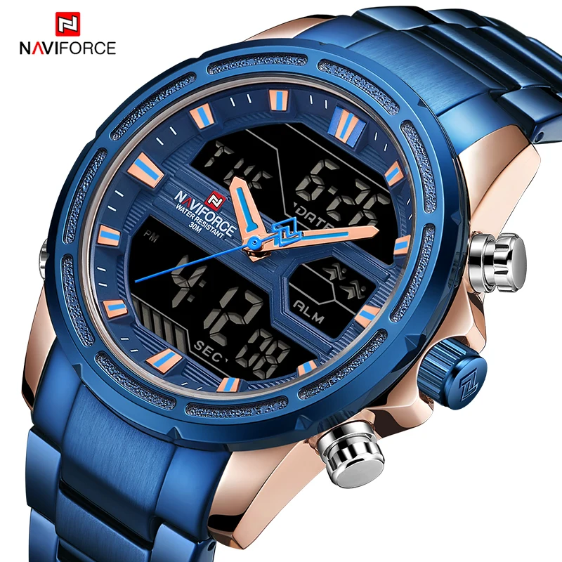 

NAVIFORCE Blue Men's Watches Business Fashion Quartz Analog Led Digital Calendar Luminous Chronograph Stainless Steel Male Watch