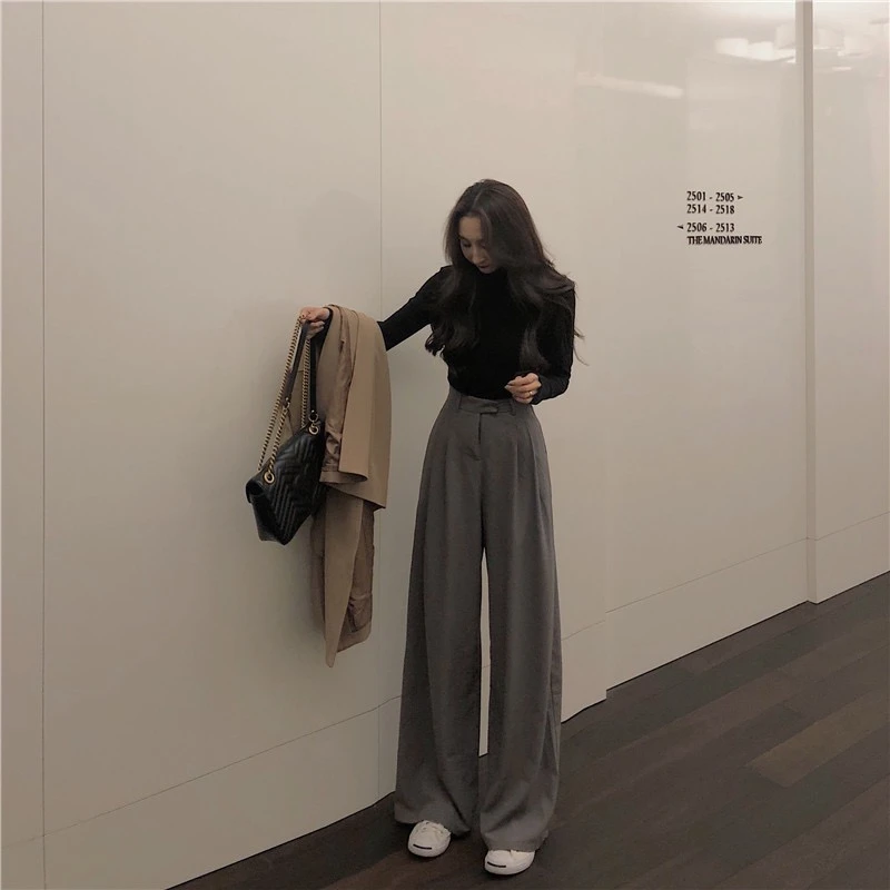 

LMQ NEW 2020 Autumn Female Solid Wide Leg Pants Women Full Length Pants Ladies High Quality simple Casual Straight Pants