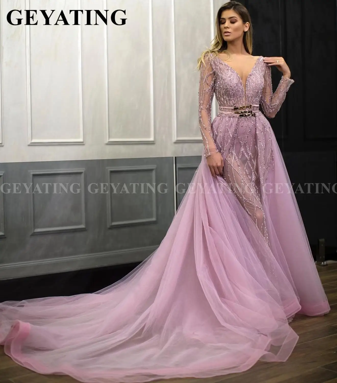 Роскошное розовое вечернее платье с бисером и юбкой годе в арабском стиле со