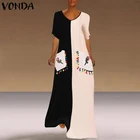 Женское платье с коротким рукавом VONDA, повседневное свободное платье-Кафтан контрастного цвета с v-образным вырезом, богемное Макси-платье размера плюс