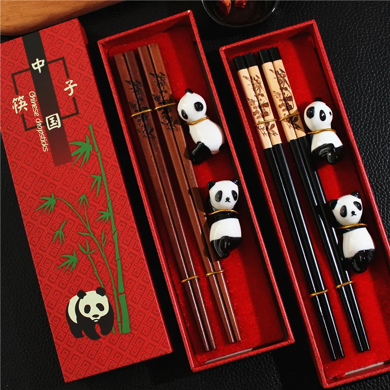 

Natural Wooden Handmade Chinese Chopsticks Cutlery Tableware Set Panda Pattern Gift Dinnerware Environmental Protection Reusable