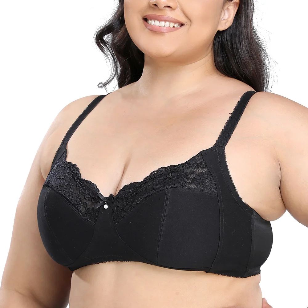 

Women Bra Full Cup Non Padded Lace Trim Plus Size Cotton Bra Women Soft Cup Comfort Sleeping Underwear C D E F G H I